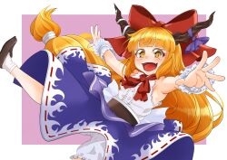 1girl absurdres bloomers blunt_bangs blush bow bowtie brown_horns commentary_request fang foot_out_of_frame hair_bow highres horn_bow horn_ornament horns ibuki_suika kurohiba long_hair looking_at_viewer open_mouth orange_eyes orange_hair pink_background purple_bow purple_skirt red_bow red_bowtie ribbon-trimmed_skirt ribbon_trim shirt skirt sleeveless sleeveless_shirt smile socks solo touhou two-tone_background underwear very_long_hair white_background white_bloomers white_shirt white_socks wrist_cuffs