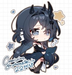 Rule 34 | 1girl, belt, black belt, black dress, black hair, black horns, black shoes, black sleeves, black tail, chibi, chibi only, commentary, commission, compression sleeve, dated, detached sleeves, dress, english commentary, fins, fish girl, fish tail, flying sweatdrops, full body, grid background, head fins, heart, highres, holding own tail, horns, leg up, long hair, looking at viewer, original, orphaneater io, shoes, single detached sleeve, solo, standing, standing on one leg, star (symbol), strapless, strapless dress, tail, thigh belt, thigh strap, twitter username, white background, white dress