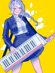 1girl blue_jacket blue_skirt blush braid braided_ponytail closed_mouth eyelashes female_focus instrument jacket keytar kirifuji_nozomi long_hair mole mole_under_eye one_eye_closed purple_eyes shirt simple_background skirt smile solo solo_focus the_hundred_line_-last_defense_academy- white_background white_hair white_shirt wink yellow_background