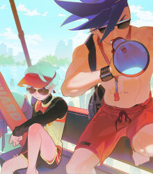 2boys aqua_hair arm_rest bag barefoot black_shirt black_shorts blue_hair closed_mouth colored_eyelashes day earrings expressionless ferris_wheel galo_thymos hair_bun highres jewelry km_(ksolee1201) lio_fotia long_sleeves mohawk multiple_boys muscular muscular_male promare purple_eyes red_shorts shirt short_hair short_shorts shorts shoulder_bag single_hair_bun sitting sky speaker sunglasses topless_male vest visor_cap watch whistle whistle_around_neck wristwatch