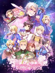 6+boys ahoge america_(hetalia) anger_vein apron arm_up armband ascot austria_(hetalia) axis_powers_hetalia back_bow belt black-framed_eyewear black_belt black_cape black_gloves black_hair black_hat black_shirt blonde_hair blue_background blue_bow blue_bowtie blue_capelet blue_eyes blue_jacket blunt_ends blush book bow bowl bowtie box breast_pocket broom brown_coat brown_eyes brown_hair brown_jacket cape capelet chibitalia_(hetalia) child china_(hetalia) chopsticks closed_eyes closed_mouth coat collared_capelet collared_jacket collared_shirt commentary_request copyright_name cross crossdressing dog_bow_wow dress dual_persona english_text flag floating_hair flower food france_(hetalia) from_side germany_(hetalia) gilbird glasses gloves green_dress green_jacket green_necktie green_shirt grey_hair hand_on_own_hip hand_up hands_up hat headscarf highres holding holding_book holding_bowl holding_box holding_broom holding_flag holding_microphone holding_sword holding_weapon holy_roman_empire_(hetalia) iron_cross jacket japan_(hetalia) juliet_sleeves lapels long_hair long_sleeves looking_at_another low_ponytail male_focus medal microphone military_jacket military_uniform multiple_boys music musical_note_ornament necktie northern_italy_(hetalia) one_eye_closed open_book open_mouth orange_eyes over_shoulder petals pink_flower pocket ponytail prussia_(hetalia) puffy_sleeves purple_background purple_eyes purple_jacket red_armband red_necktie russia_(hetalia) scarf semi-rimless_eyewear shirt short_hair singing smile soup star_ornament steam striped_necktie sweatdrop sword two-tone_background union_jack_print united_kingdom_(hetalia) v-shaped_eyebrows weapon weapon_over_shoulder white_apron white_ascot white_bow white_headscarf white_jacket white_scarf white_shirt yellow_jacket