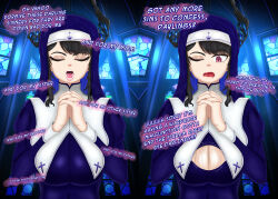 1girl 2koma :d absurdres alternate_costume asymmetrical_horns before_and_after black_hair blue_dress blue_hair breast_curtains breast_expansion breasts bursting_breasts christianity church church_interior cleavage cleavage_cutout closed_eyes clothing_cutout colored_inner_hair comic covered_navel cross demon_girl demon_horns dress eddarxart english_text habit hands_up highres holoadvent hololive hololive_english horns horns_through_headwear huge_breasts interlocked_fingers juliet_sleeves long_hair long_sleeves looking_down mole mole_under_eye multicolored_hair nerissa_ravencroft nose nun one_eye_closed open_mouth own_hands_clasped own_hands_together praying puffy_sleeves red_eyes sidelocks smile solo solo_focus speech_bubble standing talking teeth torn_clothes torn_dress translated two-tone_hair uneven_horns upper_body veil virtual_youtuber wardrobe_error wardrobe_malfunction