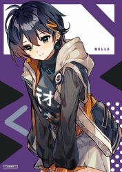 1girl absurdres artist_name belle_(zenless_zone_zero) black_shirt blue_hair breasts character_name chinese_commentary commentary_request cowboy_shot earrings english_text green_eyes guzangnanfeng hair_between_eyes hair_ornament highres jacket jewelry leaning_forward letter_hair_ornament long_sleeves looking_at_viewer multicolored_jacket partial_commentary purple_background shirt short_hair simple_background smile solo standing zenless_zone_zero