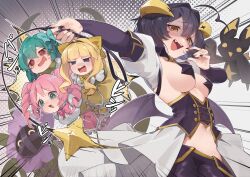 4girls @_@ ahoge black_nails blonde_hair blue_eyes bow bowtie breasts brown_eyes drill_hair fangs green_eyes green_hair hanabishi_haruka highres hiiragi_utena holding holding_riding_crop horns jknor low_wings magia_azure magia_baiser magia_magenta magia_sulfur magical_girl mahou_shoujo_ni_akogarete medium_breasts minakami_sayo multiple_girls navel open_mouth pasties pink_bow pink_bowtie pink_hair restrained riding_crop tearing_up tenkawa_kaoruko twin_drills venalita whip wings yellow_bow yellow_bowtie