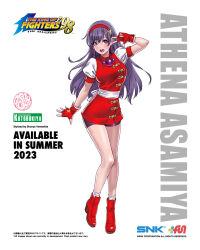 1girl asamiya_athena breasts dress earrings female_focus gloves hairband heel_up jewelry kotobukiya large_breasts long_hair open_mouth pale_skin purple_eyes purple_hair shoes skirt socks star_(symbol) the_king_of_fighters thighs wide_hips