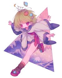 1girl extra_arms fine_art_parody floating_headgear food-themed_hair_ornament full_body green_hair hair_ornament headgear highres kanagawa_okinami_ura long_sleeves nizimine_kakoi open_mouth orange_hair_ornament parody red_eyes running sandals sharp_teeth short_hair socks teeth utau white_poncho wide_sleeves zudzuki