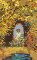 Rule 34 | 1girl, brown hair, bush, day, dress, eniddin, flower, foliage, forest, grass, hair over eyes, highres, leaf, medium hair, mirror, nature, original, outdoors, plant, reflection, scenery, solo, standing, tree, water, white dress, wide shot