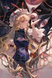 1girl arm_up bad_source blonde_hair bow branch breasts closed_mouth facing_viewer frilled_sleeves frills gap_(touhou) hair_between_eyes hair_bow hat hat_ribbon highres holding long_bangs long_hair looking_at_viewer maccha_(mochancc) mob_cap puffy_sleeves purple_eyes red_bow red_ribbon reflection reflective_water ribbon shirt solo tabard touhou very_long_hair water white_hat wide_sleeves yakumo_yukari
