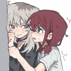 2girls black_choker black_sweater blue_eyes blush chinese_commentary choker commentary_request girls_band_cry grey_eyes grey_hair iseri_nina kawaragi_momoka long_hair long_sleeves multicolored_hair multiple_girls parted_lips red_hair roots_(hair) shirt short_sleeves short_twintails sweat sweater tutai twintails upper_body white_shirt yuri