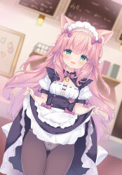 Rule 34 | 1girl, absurdres, animal ear fluff, animal ears, apron, bell, black pantyhose, black skirt, blush, bow, bow panties, buttons, cat ears, cat girl, character name, clothes lift, fraise (nekopara), gluteal fold, gold bell, green eyes, hair bow, heart, heart button, highres, humooooo, indoors, jingle bell, lifting own clothes, long hair, maid, maid apron, maid headdress, name tag, neck bell, nekopara, open mouth, panties, panties under pantyhose, pantyhose, pink bow, pink hair, pink ribbon, ribbon, shirt, skirt, skirt lift, slit pupils, smile, solo, thigh gap, thighs, underwear, waist apron, wavy hair, white apron, white bow, white panties, white shirt