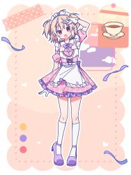 Rule 34 | 1girl, absurdres, apron, ayano rika, commentary request, cup, dress, full body, highres, looking at viewer, magia record: mahou shoujo madoka magica gaiden, mahou shoujo madoka magica, maid headdress, pink dress, plate, ruru (rurumagi), salute, socks, solo, teacup, two-finger salute, waist apron, white apron, white socks