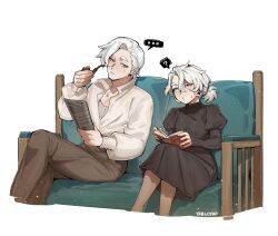 Rule 34 | ..., 1boy, 1girl, ?, alohapz, artist name, black dress, book, brown pants, collar, couch, crossed legs, dress, ear piercing, earrings, grey eyes, grey hair, hair between eyes, highres, holding, holding book, holding smoking pipe, jewelry, long sleeves, looking at another, newspaper, on couch, original, pants, pantyhose, piercing, ponytail, purple eyes, reading, short hair, signature, simple background, sitting, smoking pipe, speech bubble, spoken ellipsis, spoken question mark