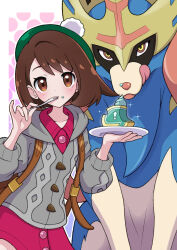 1girl brown_eyes brown_hair cake cake_slice cardigan dress eating food food_on_face gen_8_pokemon gloria_(pokemon) green_hat grey_cardigan hat highres holding holding_plate holding_utensil legendary_pokemon looking_at_viewer nintendo pink_dress plate pokemon pokemon_(creature) pokemon_masters_ex short_hair utensil_in_mouth yuu_(jgvj7873) zacian zacian_(crowned)