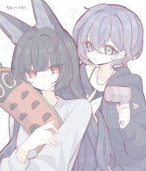 2girls absurdres animal_ears belle_(zenless_zone_zero) black_hair black_hoodie blue_eyes blue_hair closed_mouth commentary_request fox_ears hair_dryer highres holding holding_stuffed_toy hood hoodie hoshimi_miyabi jewelry long_hair long_sleeves multiple_girls necklace parted_lips red_eyes shirt short_hair simple_background stuffed_toy translation_request white_background white_shirt yuri zenless_zone_zero zzzii0