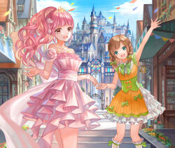 2girls apron aqua_eyes arm_up back_bow bare_arms bare_shoulders bead_bracelet beads blue_sky blunt_bangs bobo_(miracle_nikki) bow bow_apron bow_button bow_legwear bracelet braid brown_eyes brown_hair caperata_(towahuyu) castle cloud collared_dress commentary_request confetti corset cowboy_shot day dot_nose dress eyelashes feet_out_of_frame flower flower_bracelet frilled_dress frilled_socks frills gate gold_tiara green_bow green_corset hair_bow hair_flower hair_ornament hair_over_shoulder hairclip happy highres jewelry kneehighs large_bow long_hair looking_at_viewer medium_dress miracle_nikki momo_(nikki) multiple_girls necklace nikki_(nikki) nikki_(series) open_mouth orange_apron orange_bow outdoors pink_bow pink_dress pink_flower pink_hair pink_ribbon pink_rose plant pom_pom_(clothes) pom_pom_hair_ornament ponytail potted_plant ribbon rose shop short_dress side_braids sky sleeveless sleeveless_dress smile socks stairs standing strapless strapless_dress striped_clothes striped_socks tareme teeth tiara twin_braids upper_teeth_only vertical-striped_clothes vertical-striped_corset vertical-striped_socks wavy_hair white_dress white_flower white_socks wrist_ribbon
