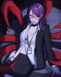1girl black_choker black_jacket black_sclera black_skirt breasts choker cleavage colored_sclera commentary english_commentary glasses highres id_card jacket kagune_(tokyo_ghoul) kamishiro_rize kwnce lanyard long_hair office_lady pencil_skirt purple_hair red-framed_eyewear red_eyes semi-rimless_eyewear shirt sitting sitting_on_stairs skirt smile solo stairs suit_jacket tokyo_ghoul
