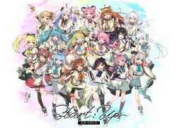 6+girls ahoge amakawa_hano animal_ear_fluff animal_ears aqua_hair ascot black_hair blonde_hair blue_eyes blue_hair frilled_thigh_strap brown_hair cat_ears commentary_request everyone gradient_ascot green_eyes hanabasami_kyou hekina_ail himekuma_ribon idenshi_hina idol_clothes inuki_matoi inumochi_tirol izumo_meguru kazami_mikan koto_miyuri kurone_yomi long_hair marumochi_tsukimi mizugame_mia multicolored_ascot multicolored_hair multiple_girls navel necktie official_alternate_costume official_art one_eye_closed orange_hair pink_hair plaid_clothes plaid_skirt purple_eyes qualia_qu re:act red_eyes ribbon second-party_source shirane_yuki shishigami_leona short_hair single_thighhigh skirt socks striped_clothes striped_legwear striped_socks thigh_strap thighhighs two-tone_ribbon usami_yuno v vertical-striped_clothes vertical-striped_legwear vertical-striped_socks virtual_youtuber white_hair yellow_eyes yumekawa_kanau
