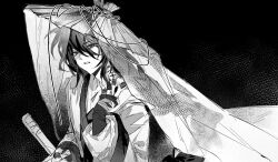1boy bandaged_fingers bandages black_background braid bright_pupils character_request chinese_clothes cowboy_shot grey_eyes greyscale hair_between_eyes hand_on_hilt hand_on_own_neck hanfu highres layered_sleeves long_hair long_sleeves mala_tiantian_quan male_focus monochrome parted_lips red_pupils see-through_clothes see-through_veil single_braid sleeves_past_wrists solo spot_color veil very_long_hair weimao wide_sleeves wuwei_you_chu_you_hai_wu