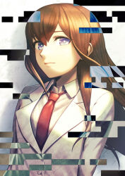 Rule 34 | 1girl, breasts, brown hair, collared shirt, hair between eyes, highres, lab coat, lapels, long hair, makise kurisu, makise kurisu (amadeus), necktie, notched lapels, purple eyes, red necktie, ringed eyes, shirt, small breasts, solo, square pupils, steins;gate, steins;gate 0, taba neruko, white shirt