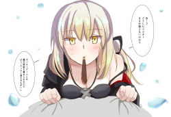1girl :t artoria_pendragon_(fate) blonde_hair blush breasts cleavage downblouse fate/grand_order fate_(series) female_focus food hair_between_eyes highres looking_at_viewer lying medium_breasts on_stomach pocky pocky_kiss ponytail saber_alter saber_alter_(ver._shinjuku_1999) saber_alter_(ver._shinjuku_1999)_(fate) shared_food sii_artatm sketch solo translation_request white_background yellow_eyes