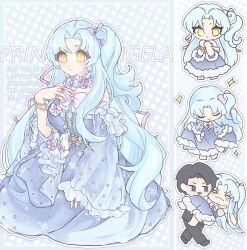 1boy 1girl absurdres alternate_costume angela_(project_moon) black_hair blue_background blue_dress blue_hair bow bowtie breasts carrying chibi closed_mouth collar detached_sleeves dress flower frilled_collar frills gem highres kyuncat library_of_ruina long_hair looking_at_viewer one_side_up parted_bangs pearl_(gemstone) pink_flower pink_rose project_moon purple_bow purple_bowtie roland_(project_moon) rose simple_background solo_focus standing upper_body yellow_eyes