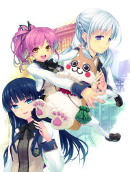 Rule 34 | 3girls, :d, absurdres, arisue haruka, black hair, black neckwear, blue eyes, blunt bangs, bow, bowtie, braid, brown eyes, cosplay, hair ribbon, harem tengoku da to omottara yandere jigoku datta, highres, hiiro yuki, izaemon, kigurumi, long hair, long sleeves, looking at viewer, miyasu sayuri, multiple girls, official art, open mouth, outstretched arms, pink hair, ponytail, purple eyes, ribbon, school uniform, silver hair, smile, steepled fingers, thighhighs, toutomi kanna, white legwear