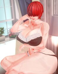 Rule 34 | 1girl, ass, bedroom, breasts, curvy, female focus, glass, huge ass, huge breasts, indoors, kiminodonuts, large breasts, long hair, nipples, pale skin, panties, ponytail, red hair, see-through clothes, shermie (kof), sitting, smile, the king of fighters, thick thighs, thighs, underwear, wide hips, window