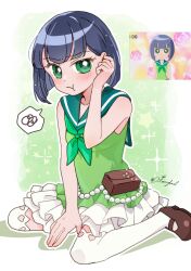 Rule 34 | 1girl, :t, absurdres, aitommylove, black hair, brown shoes, buttercup redraw challenge (meme), closed mouth, commentary, dress, english commentary, green dress, green eyes, green neckerchief, highres, matsubara kaoru, neckerchief, photo-referenced, powered buttercup, powerpuff girls z, shoes, solo, speech bubble, spoken squiggle, squiggle, thighhighs