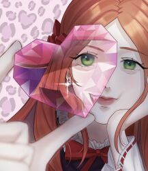 1girl cheek_rest chocolat_meilleure close-up commentary_request earrings glint green_hair heart highres holding holding_heart i_winter_12 jewelry korean_commentary long_hair looking_at_viewer orange_hair pink_lips smile solo sugar_sugar_rune