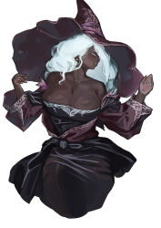 1girl absurdres breasts dark-skinned_female dark_skin elden_ring elden_ring_nightreign hat highres large_breasts large_hat miao_jiangyou purple_hat recluse_(elden_ring) white_hair witch witch_hat