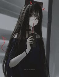 1girl aoi_ogata artist_name black-framed_eyewear black_bow black_choker black_hair black_nails blue_shirt bow choker clip_studio_paint_(medium) closed_mouth commentary cup disposable_cup drawn_horns drawn_tail drinking_straw english_commentary hair_bow holding holding_cup long_hair looking_at_viewer nail_polish off-shoulder_shirt off_shoulder original round_eyewear shirt short_sleeves solo upper_body very_long_hair