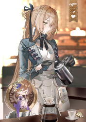 1girl absurdres black_gloves black_ribbon blue_jacket blue_ribbon blurry blurry_background brown_hair chibi cup dress flower girls&#039;_frontline girls&#039;_frontline_2:_exilium gloves green_eyes hair_between_eyes hair_flower hair_ornament hair_ribbon highres holding holding_teapot indoors jacket jingmi long_hair official_alternate_costume pants pouring ribbon saucer solo springfield_(girls&#039;_frontline) springfield_(queen_in_radiance)_(girls&#039;_frontline) teapot two-tone_dress upper_body white_pants