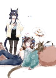 3girls absurdres alternate_costume animal_ears black_hair black_pantyhose black_skirt bloated blue_ribbon brown_hair cellphone cheval_grand_(umamusume) denim down_jacket ear_covers ear_piercing food green_jacket grey_shirt hand_in_pocket hat highres holding holding_phone horse_ears horse_girl horse_tail jacket jeans long_hair mochi multiple_girls muranchu pants pantyhose phone piercing ribbon sailor_hat shirt siblings simple_background single_ear_cover sisters skirt sleeping smartphone tail torn_hair_ribbon twintails umamusume unworn_headwear verxina_(umamusume) vivlos_(umamusume) white_background white_headwear white_jacket