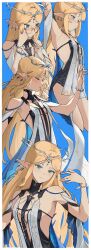 1girl absurdres arm_up armpits bare_shoulders bespectacled black_collar black_dress blonde_hair blue_background blue_eyes blush border breasts cartethyia_(wuthering_waves) closed_eyes closed_mouth collar commentary crown_of_thorns dress earrings english_commentary glasses hand_up highres jewelry long_hair looking_at_viewer lufi_ays necklace parted_lips playing_with_own_hair pointy_ears presenting_armpit sidelocks small_breasts smile solo tabard tacet_mark_(wuthering_waves) very_long_hair white_border white_tabard wuthering_waves