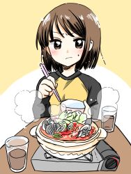 1girl black_shirt blush bowl brown_eyes brown_hair cabbage chopsticks commentary cup drinking_glass eating hair_strand holding holding_bowl holding_chopsticks hotpot long_sleeves looking_at_viewer mushroom muzukite nakahara_misaki nhk_ni_youkoso! onion portable_stove pov pov_dating raglan_sleeves shirt solo steam sweatdrop swept_bangs table two-tone_background two-tone_shirt upper_body v-shaped_eyebrows white_background yellow_background yellow_shirt