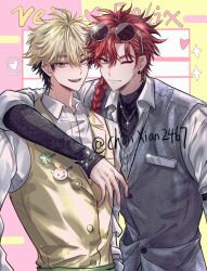 2boys arm_around_shoulder badge black_hair black_shirt blonde_hair bracelet braid braided_ponytail button_badge buttons character_name closed_mouth collared_shirt ear_piercing earrings eyewear_on_head grey_vest hand_up heart highres jewelry long_hair long_sleeves looking_at_viewer male_focus multicolored_hair multiple_boys necklace official_alternate_costume one_eye_closed open_mouth piercing red_eyes red_hair shiguang_dailiren shirt short_hair single_braid sleeves_past_wrists smile sunglasses turtleneck twitter_username two-tone_hair upper_body vest white_shirt xia_fei xiao_weiying yaoi yellow_eyes yellow_vest yuxianchen
