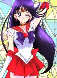 1girl back_bow bishoujo_senshi_sailor_moon black_hair bow circlet elbow_gloves gloves gold_circlet hand_up hino_rei long_hair magical_girl pleated_skirt purple_eyes rabitan1022 red_sailor_collar red_skirt sailor_collar sailor_mars sailor_senshi_uniform skirt solo super_sailor_mars white_gloves