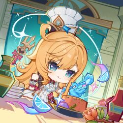 1girl bottle breasts chef_hat chibi commentary dot_nose dress english_commentary escoffier_(genshin_impact) flower food genshin_impact hand_on_own_hip hat hat_ornament highres holding holding_ladle indoors ladle licking_lips long_hair medium_breasts official_art orange_hair polearm side_ahoge sleeveless sleeveless_dress solo tongue tongue_out trident very_long_hair weapon white_dress