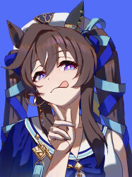 Rule 34 | 1girl, absurdres, animal ears, blue background, blue bow, blue bowtie, blue cape, blue eyes, bow, bowtie, cape, commentary request, ear covers, hair between eyes, hat, highres, horse ears, horse girl, light blush, long hair, mole, mole under eye, multicolored hair, no uwazumi, shirt, simple background, single bare shoulder, single ear cover, sleeveless, sleeveless shirt, smile, solo, streaked hair, tongue, tongue out, twintails, umamusume, upper body, vivlos (umamusume), white hair, white hat