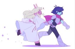 ! 1girl 1other androgynous animal_ears antenna_hair antlers armor black_unitard blonde_hair blue_hair blue_skin blush breastplate buck_teeth cape colored_skin commentary deer_antlers deer_ears deer_girl deltarune english_commentary freckles full_body furry furry_female gauntlets highres hooves horns jewelry jxitrash knee_armor kris_(dark_world)_(deltarune) kris_(deltarune) long_hair long_sleeves noelle_holiday noelle_holiday_(dark_world) pink_cape pulling ring robe shaded_face shadow short_hair shoulder_armor sidelocks simple_background surprised teeth unitard walking white_background white_robe wide_sleeves