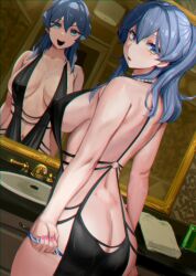 Rule 34 | 1girl, :d, absurdres, arms at sides, ass, back, backless dress, backless outfit, bathroom, black dress, blue eyes, blue hair, breasts, butt crack, chromatic aberration, commentary request, cowboy shot, different reflection, double-parted bangs, dress, dutch angle, evening gown, faucet, gotland (kancolle), gradient eyes, green eyes, hair between eyes, half updo, highres, horror (theme), jewelry, kantai collection, kusaka souji, large breasts, long bangs, looking at viewer, medium hair, mirror, mole, mole under eye, multicolored eyes, navel, necklace, no bra, no panties, open mouth, pearl necklace, reflection, revealing clothes, sink, sleeveless, sleeveless dress, smile, solo, standing, towel, variant set