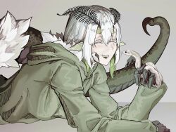 1girl absurdres animal arthropod_girl black_tongue breasts chitin closed_eyes commentary english_commentary fang grape_(grape05843924) green_hair green_hoodie grey_background highres holding holding_animal holding_snake hood hooded_sweater hoodie indie_virtual_youtuber insect_girl juniper_actias large_breasts long_sleeves lying mandibles monster_girl moth_antennae moth_girl multicolored_hair on_stomach open_mouth pointy_ears sharp_teeth simple_background skin_fang smile snake solo sweater tail teeth thick_eyebrows thick_eyelashes upper_teeth_only virtual_youtuber white_hair
