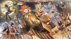 2boys 6+girls :d :o absurdres aerial_fireworks ahoge ajaw_(genshin_impact) alternate_costume animal_ear_fluff animal_ears ascot bandage_on_knee bandaged_head bandaged_leg bandages bare_shoulders bell black_bow black_bowtie black_cape black_dress black_footwear black_hair black_hat black_pants black_shirt black_shorts black_thighhighs blonde_hair blue_bow blue_dress blue_eyes blue_jacket blue_pants blue_sleeves blue_thighhighs bow bowtie braid breasts broom broom_riding candlestand cape chasca_(genshin_impact) chinchilla_ears citlali_(genshin_impact) cleavage closed_mouth collar colored_inner_hair commentary commentary_request crossed_bangs crossed_legs detached_sleeves dress earrings elf english_commentary fingernails fireworks food genshin_impact gloves green_eyes hair_bow hair_over_one_eye halloween halloween_bucket hands_up hat heterochromia high_heels highres holding holding_candlestand holding_food holding_lantern holding_staff iansan_(genshin_impact) jacket jaguar_ears jaguar_tail jewelry jingle_bell kachina_(genshin_impact) kinich_(genshin_impact) lantern large_breasts long_fingernails long_hair long_sleeves looking_at_viewer mask mask_on_head mavuika_(genshin_impact) mini_hat mixed-language_commentary mualani_(genshin_impact) multicolored_dress multicolored_hair multiple_boys multiple_girls nail_polish night night_sky open_clothes open_jacket open_mouth orange_dress orange_hair orange_nails orange_shirt ororon_(genshin_impact) outdoors pants pink_hair pointy_ears purple_hair purple_hat purple_nails red_collar red_eyes red_hair shiba_(tonari_no_shiba_inu) shirt short_sleeves shorts single_thighhigh sitting skull_mask sky smile staff standing striped_clothes striped_shirt symbol-shaped_pupils tail tail_bell tail_ornament thighhighs toenails torn_clothes torn_pants torn_thighhighs vertical-striped_clothes vertical-striped_shirt very_long_hair white_ascot white_gloves white_hair white_shirt white_thighhighs xilonen_(genshin_impact) yellow_bow