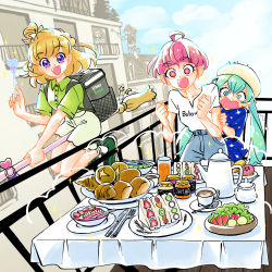 +_+ ahoge aqua_hair asahina_mirai aura balcony beret blonde_hair blouse blue_eyes blunt_bangs bread broom broom_riding building butter_knife cake cappuccino city cityscape cloud cloudy_sky coffee croissant cup day delivery denim disposable_coffee_cup disposable_cup donut drinking_glass food food_art fork fruit glass hat heart heart-shaped_mouth holding holding_wand izayoi_liko jam jeans juice kettle knife latte_art lemon lemon_slice long_hair mahou_girls_precure! outdoors panicking pants pink_eyes pink_hair plate pointy_ears precure purple_eyes railing salad saucer shirt short_hair shorts sky sparkle spoon star_(symbol) star_print star_twinkle_precure symbol-shaped_pupils t-shirt table tablecloth teaspoon tomato ton_(ton39342104) uber_eats wand