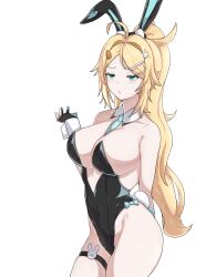 1girl absurdres ahoge animal_ears aqua_necktie bare_shoulders between_breasts black_gloves black_leotard black_survival blonde_hair blue_eyes breasts carrot_hair_ornament cleavage commentary_request eternal_return:_black_survival fake_animal_ears fake_tail food-themed_hair_ornament gloves hair_ornament highleg highleg_leotard highres korean_commentary large_breasts leotard long_hair necktie necktie_between_breasts nicky_blake nicky_blake_(bad_beat) official_alternate_costume partially_fingerless_gloves playboy_bunny ponytail rabbit_ears rabbit_hair_ornament rabbit_tail simple_background skyhood solo tail thigh_strap thighs white_background