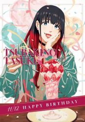 1boy balloon black_hair blue_eyes character_name eating english_text food fruit glass hand_on_own_cheek hand_on_own_face happy_birthday heart_balloon lips lipstick looking_at_viewer makeup red_hair solo spoon strawberry takasemaru919 trap tsubakino_tasuku wind_breaker_(nii_satoru)