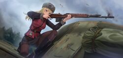 1girl absurdres aiming battle_rifle black_boots black_pantyhose blonde_hair blue_eyes boots breasts cloud cloudy_sky enpera_(jdud8375) firing gun hat highres jacket large_breasts long_hair outdoors pantyhose pencil_skirt red_jacket rifle sitting skirt sky solo svt-40 very_long_hair war weapon