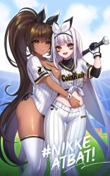2girls baseball_bat baseball_field baseball_uniform black_nails blanc_(nikke) blanc_(no._77_batter)_(nikke) bow_hairband breasts brown_eyes brown_hair closed_mouth commentary_request copyright_name dark-skinned_female dark_skin day eye_black fang feet_out_of_frame fingernails gloves goddess_of_victory:_nikke hair_between_eyes hairband hand_on_another&#039;s_hip highres holding holding_baseball_bat korean_commentary large_breasts long_fingernails long_hair looking_at_viewer mixed-language_commentary multiple_girls nail_polish no_pants noir_(nikke) official_alternate_costume open_mouth outdoors pants ponytail shiny_skin shirt short_sleeves smile sportswear standing thighhighs tied_shirt toriseru_(rare_stone) very_long_hair white_hair white_hairband white_pants white_shirt white_thighhighs wristband