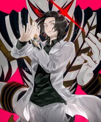 1boy abare_killer bakuryuu_sentai_abaranger black_hair black_shirt coat highres kaede_1402 male_focus nakadai_mikoto pants red_background red_pupils shirt super_sentai white_coat white_eyes white_pants