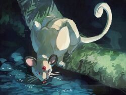 claws commentary drinking forehead_jewel full_body fusenryo gem head_down nintendo no_humans outdoors persian_(pokemon) pokemon pokemon_(creature) red_eyes shadow solo tongue tongue_out water whiskers
